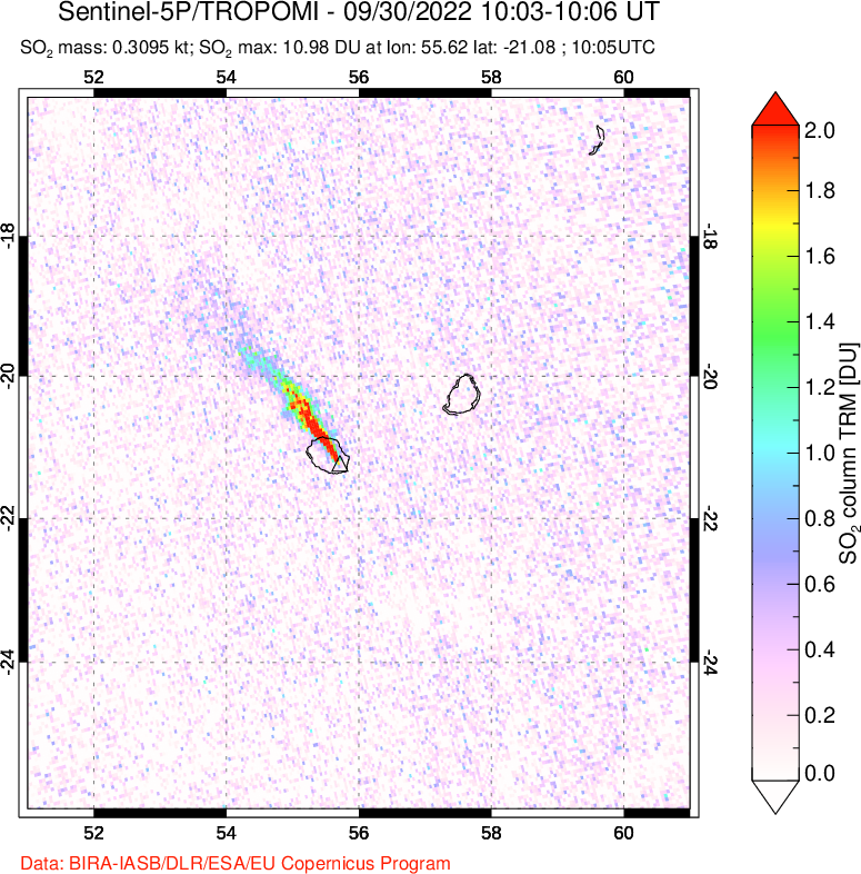 A sulfur dioxide image over Reunion Island, Indian Ocean on Sep 30, 2022.