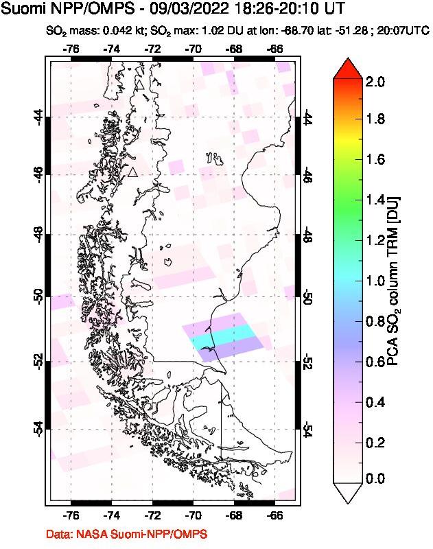 A sulfur dioxide image over Southern Chile on Sep 03, 2022.