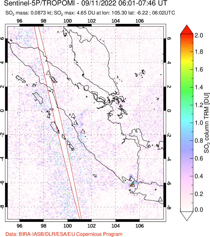 A sulfur dioxide image over Sumatra, Indonesia on Sep 11, 2022.