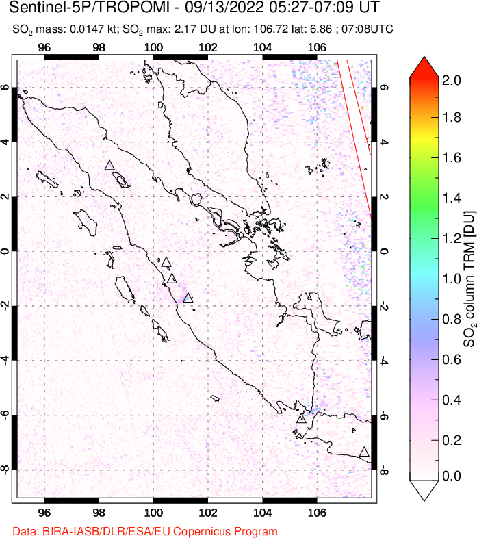 A sulfur dioxide image over Sumatra, Indonesia on Sep 13, 2022.