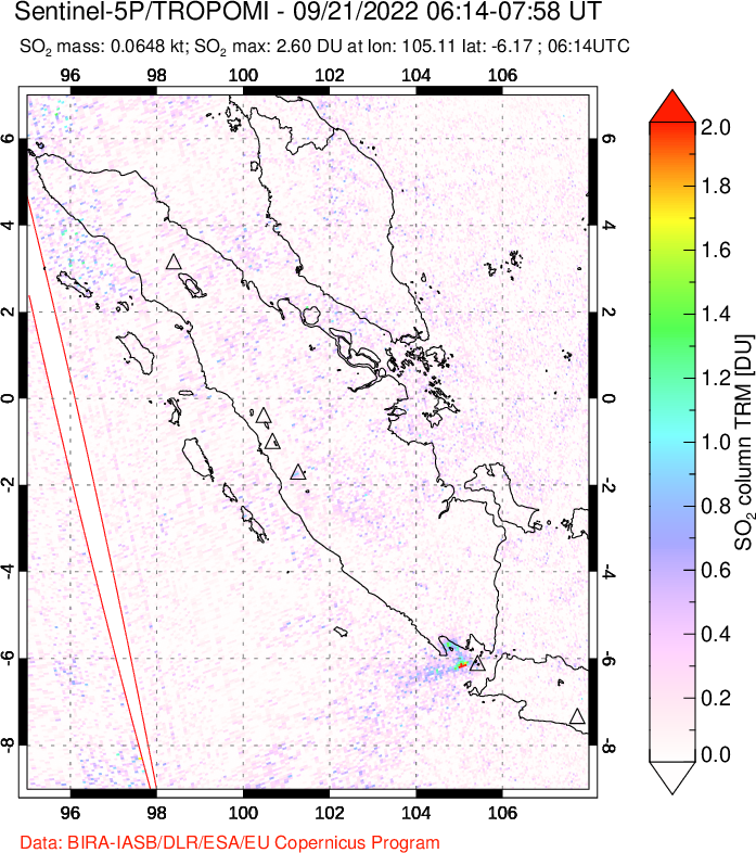 A sulfur dioxide image over Sumatra, Indonesia on Sep 21, 2022.