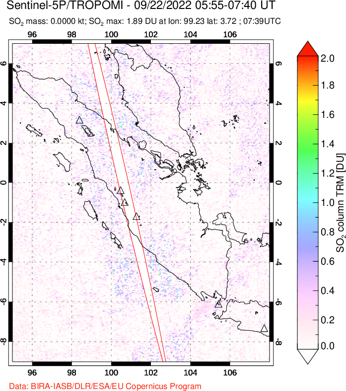 A sulfur dioxide image over Sumatra, Indonesia on Sep 22, 2022.