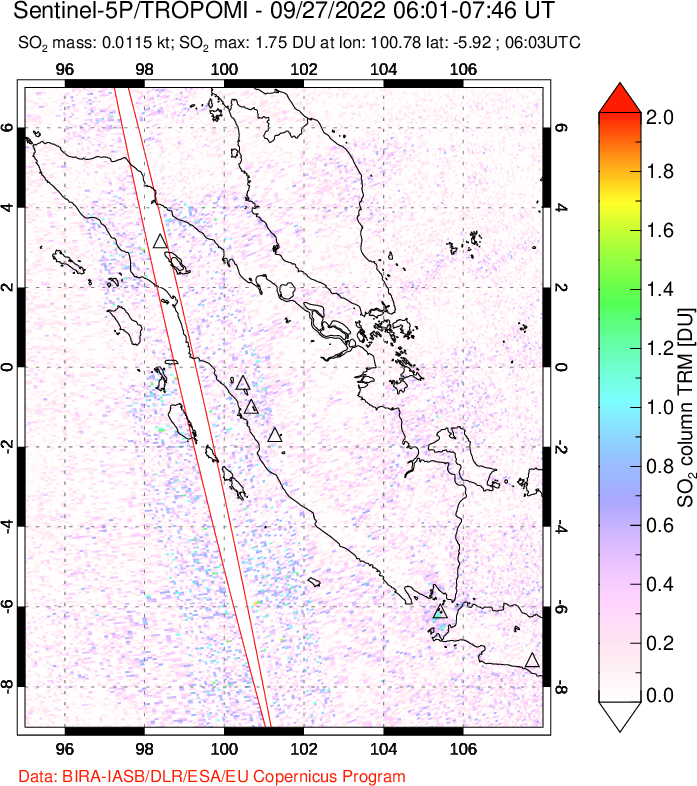 A sulfur dioxide image over Sumatra, Indonesia on Sep 27, 2022.