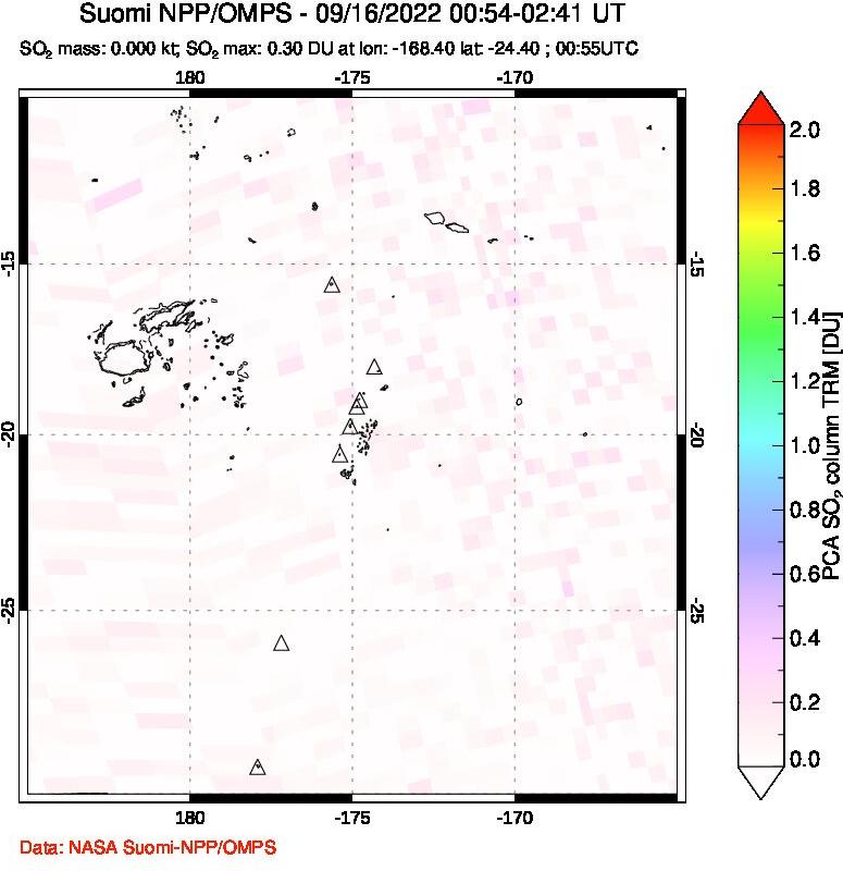 A sulfur dioxide image over Tonga, South Pacific on Sep 16, 2022.