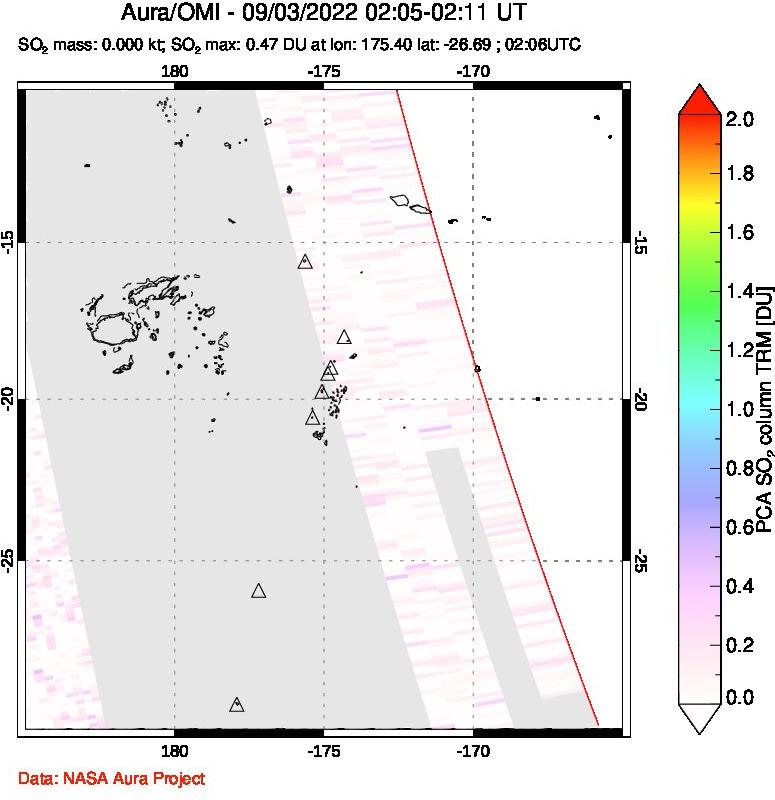 A sulfur dioxide image over Tonga, South Pacific on Sep 03, 2022.