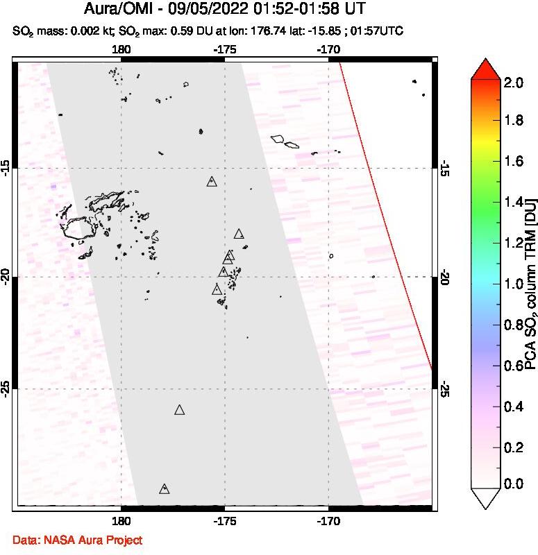 A sulfur dioxide image over Tonga, South Pacific on Sep 05, 2022.