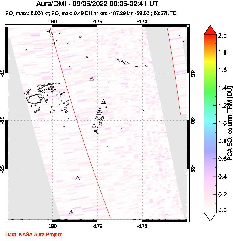 A sulfur dioxide image over Tonga, South Pacific on Sep 06, 2022.