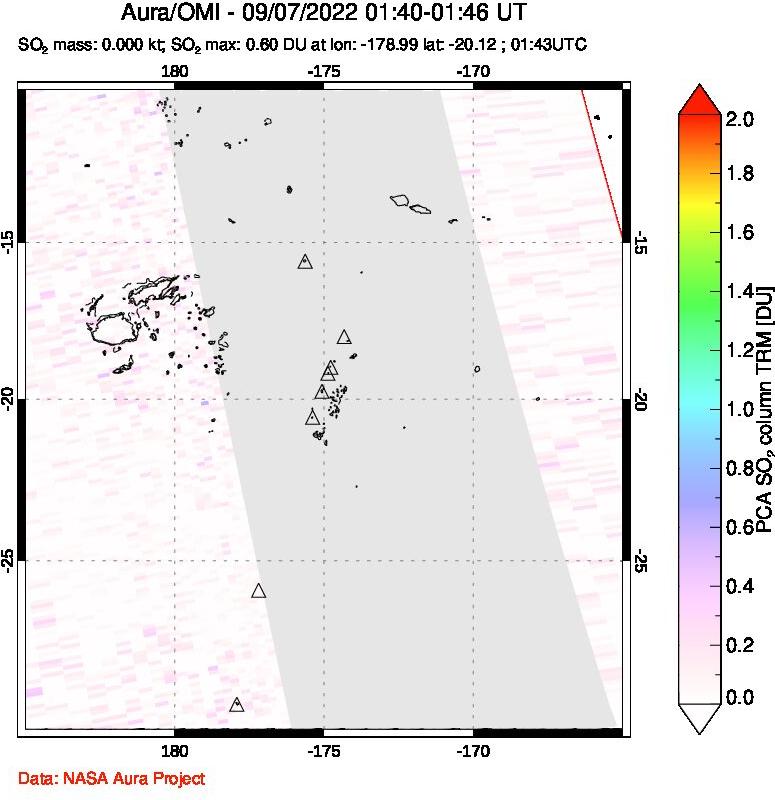A sulfur dioxide image over Tonga, South Pacific on Sep 07, 2022.