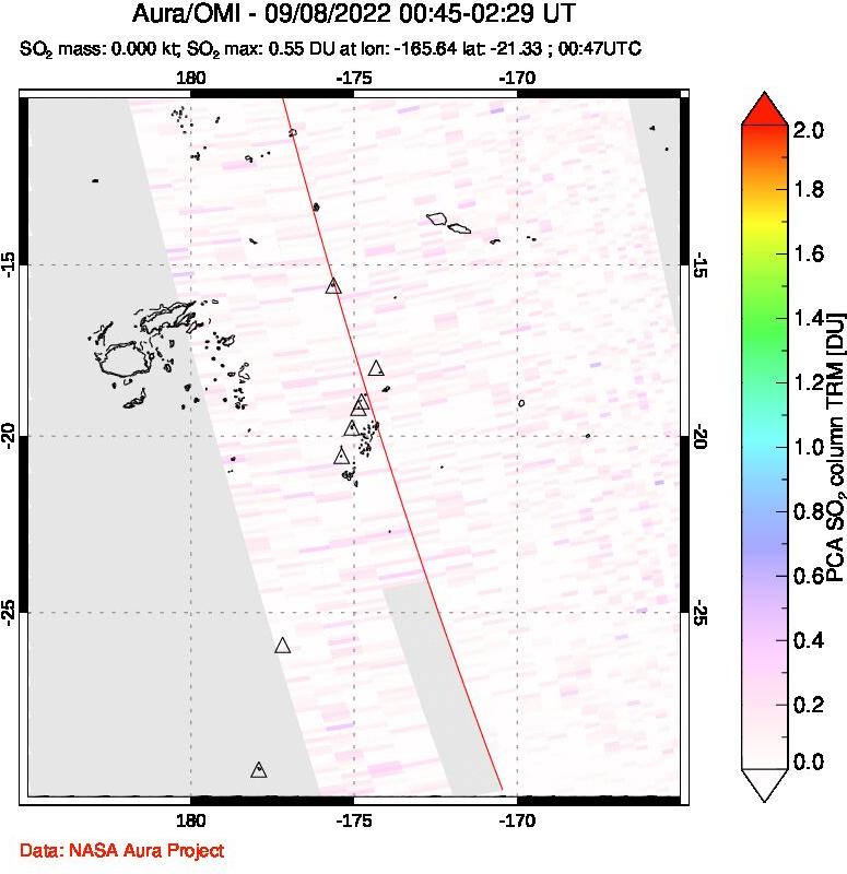A sulfur dioxide image over Tonga, South Pacific on Sep 08, 2022.