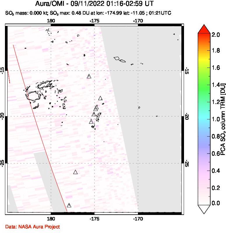 A sulfur dioxide image over Tonga, South Pacific on Sep 11, 2022.