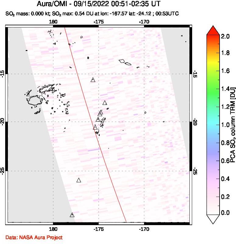 A sulfur dioxide image over Tonga, South Pacific on Sep 15, 2022.