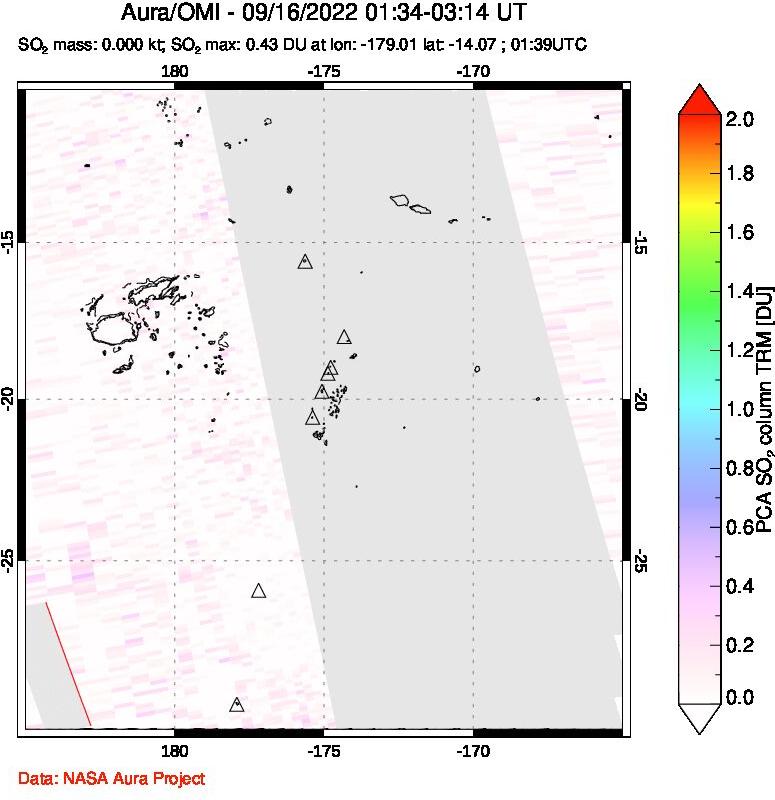 A sulfur dioxide image over Tonga, South Pacific on Sep 16, 2022.