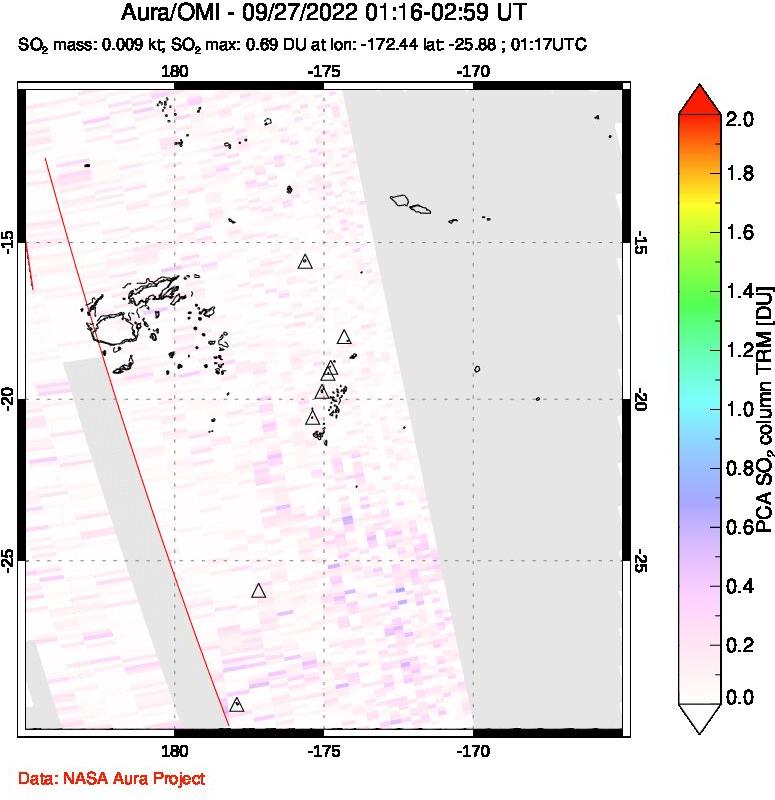 A sulfur dioxide image over Tonga, South Pacific on Sep 27, 2022.