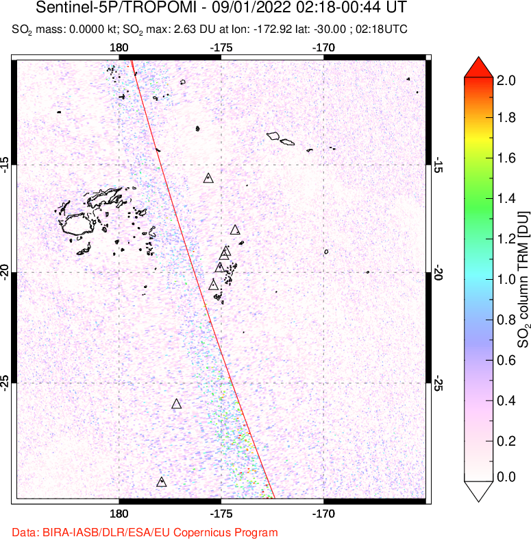 A sulfur dioxide image over Tonga, South Pacific on Sep 01, 2022.