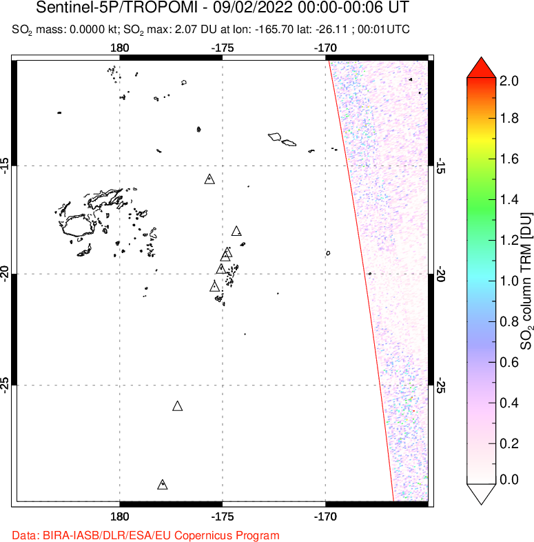 A sulfur dioxide image over Tonga, South Pacific on Sep 02, 2022.