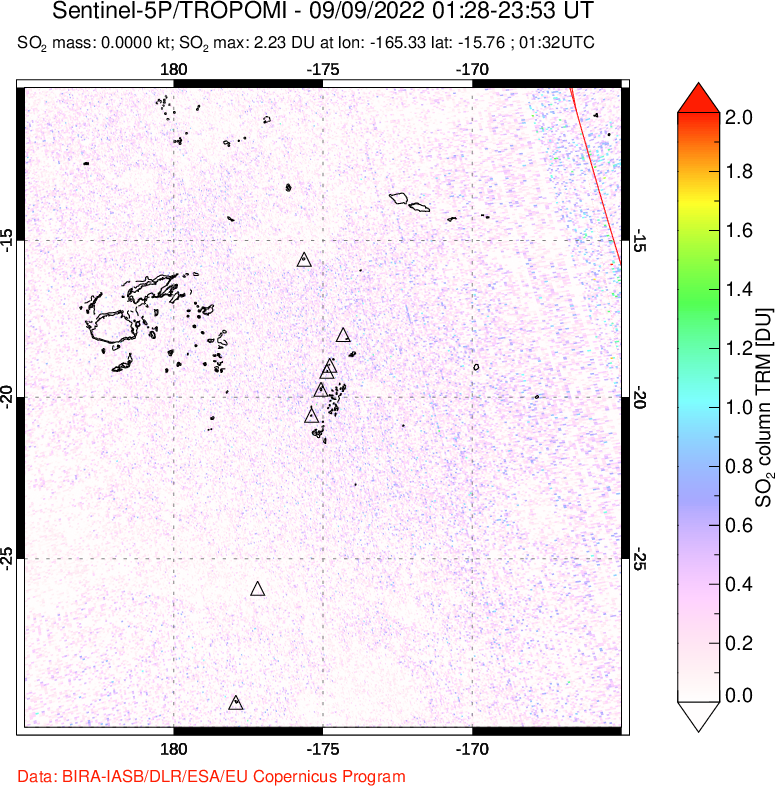 A sulfur dioxide image over Tonga, South Pacific on Sep 09, 2022.