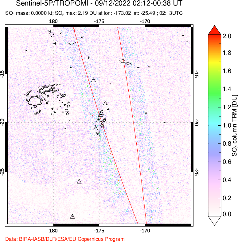 A sulfur dioxide image over Tonga, South Pacific on Sep 12, 2022.