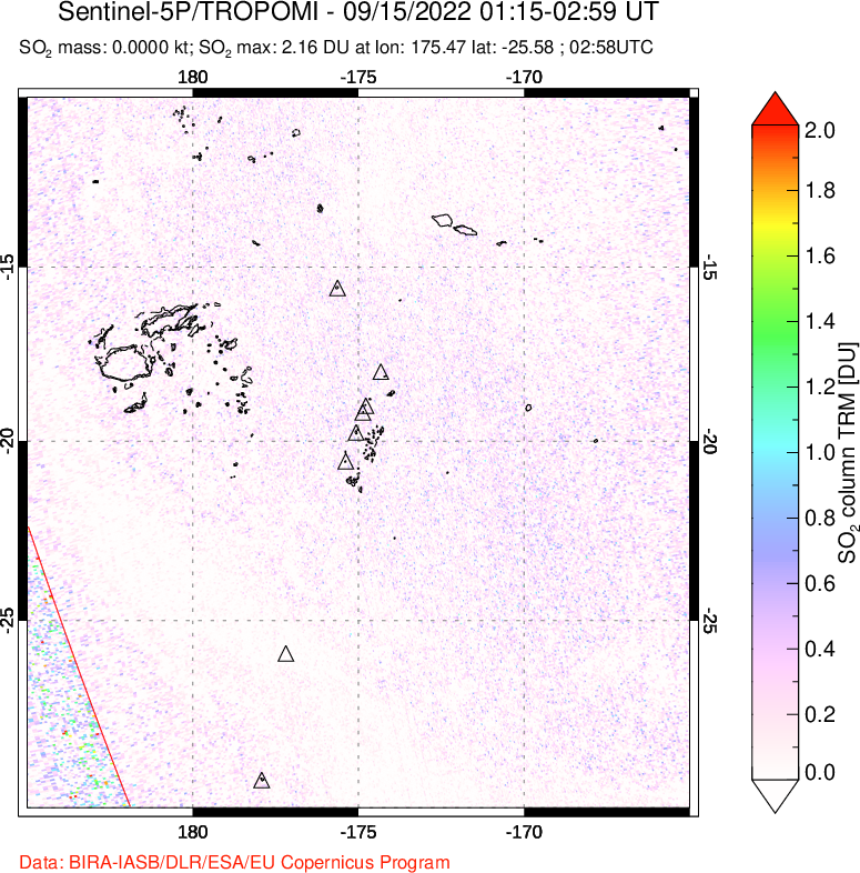 A sulfur dioxide image over Tonga, South Pacific on Sep 15, 2022.