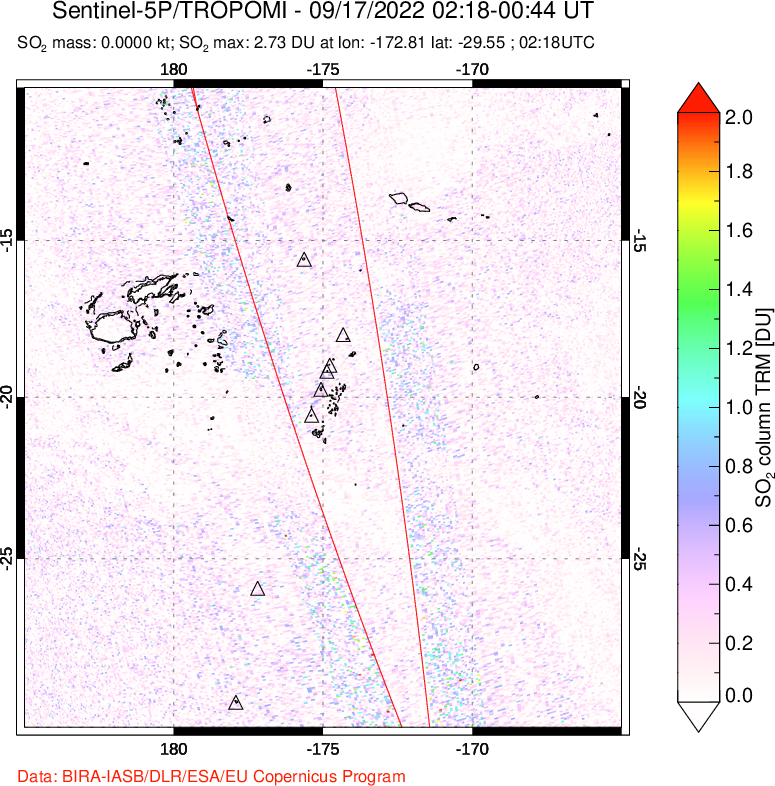 A sulfur dioxide image over Tonga, South Pacific on Sep 17, 2022.