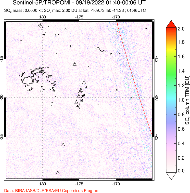 A sulfur dioxide image over Tonga, South Pacific on Sep 19, 2022.