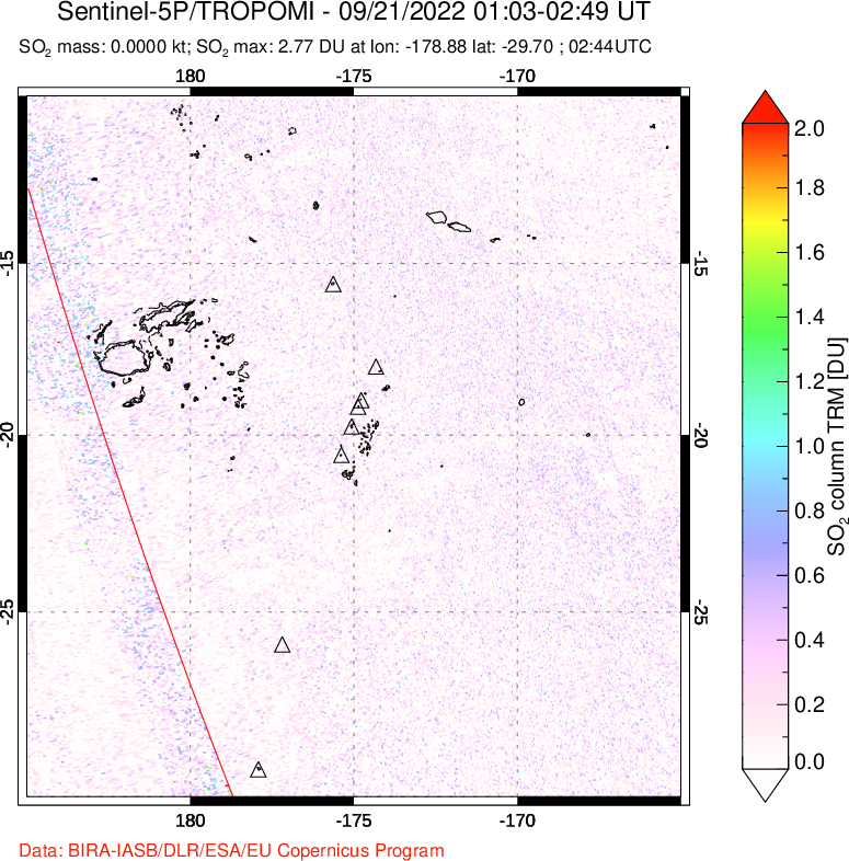 A sulfur dioxide image over Tonga, South Pacific on Sep 21, 2022.