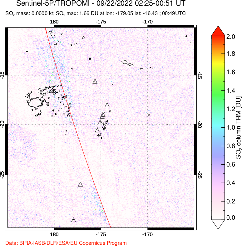 A sulfur dioxide image over Tonga, South Pacific on Sep 22, 2022.