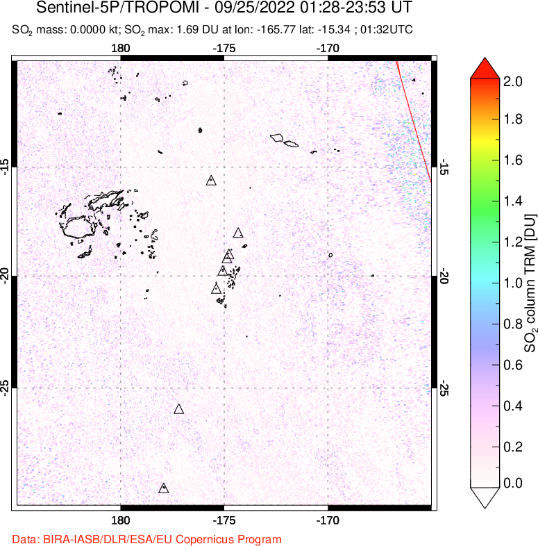 A sulfur dioxide image over Tonga, South Pacific on Sep 25, 2022.