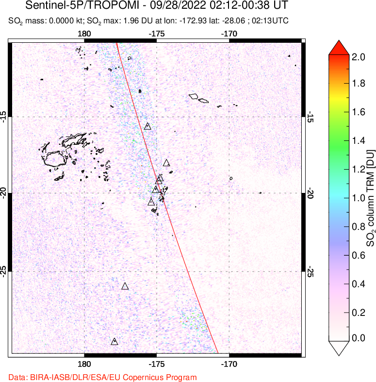A sulfur dioxide image over Tonga, South Pacific on Sep 28, 2022.