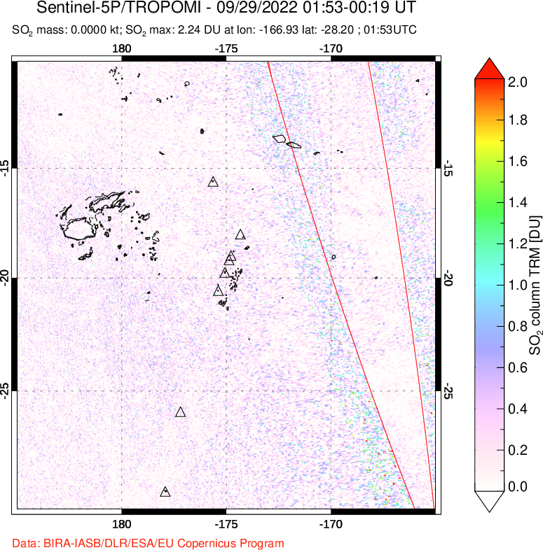 A sulfur dioxide image over Tonga, South Pacific on Sep 29, 2022.