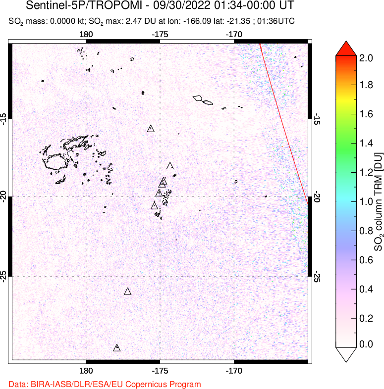 A sulfur dioxide image over Tonga, South Pacific on Sep 30, 2022.