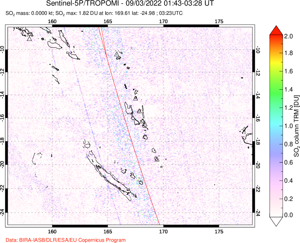 A sulfur dioxide image over Vanuatu, South Pacific on Sep 03, 2022.