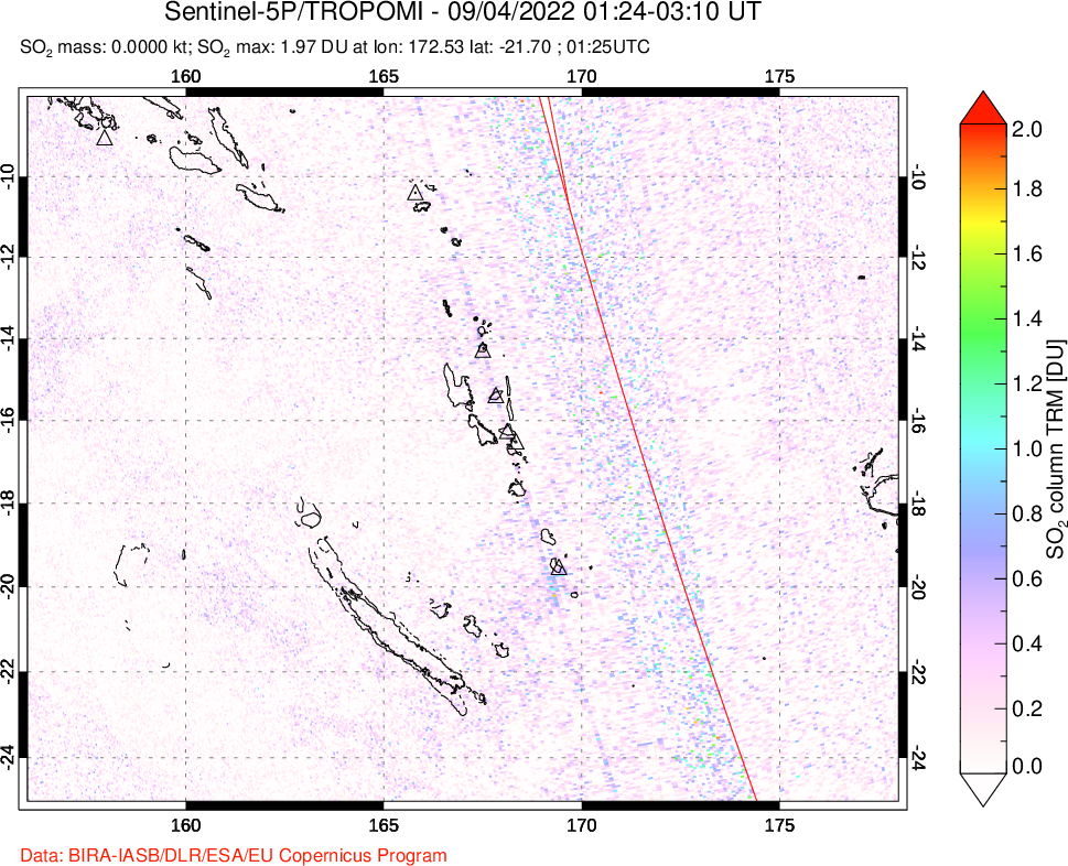 A sulfur dioxide image over Vanuatu, South Pacific on Sep 04, 2022.
