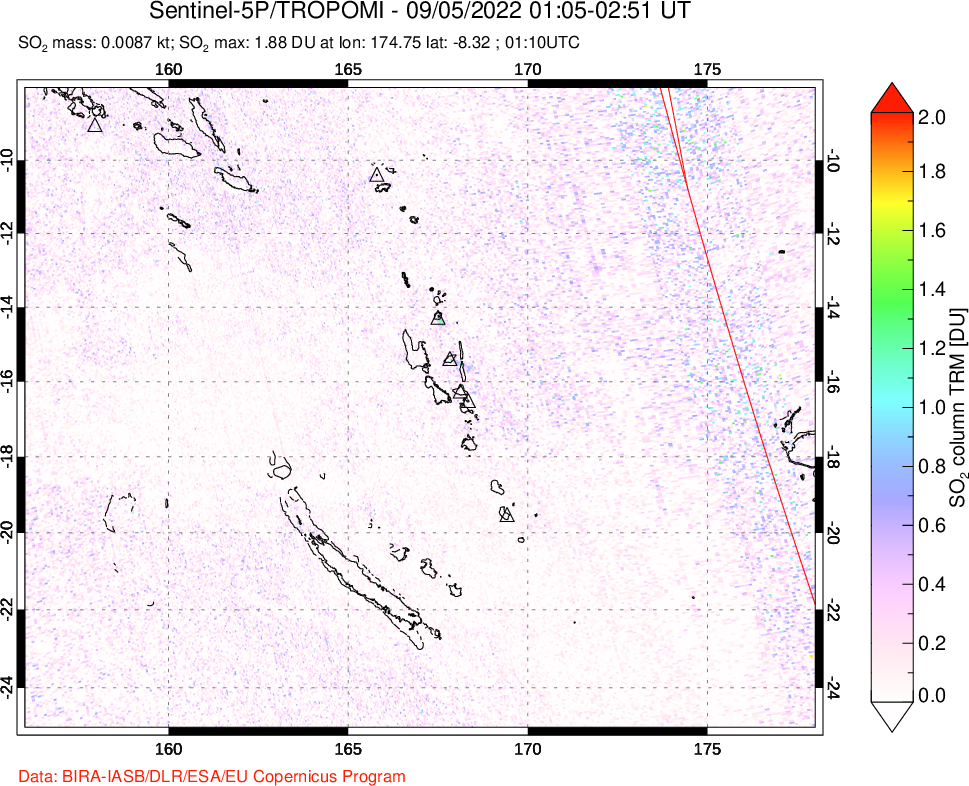 A sulfur dioxide image over Vanuatu, South Pacific on Sep 05, 2022.