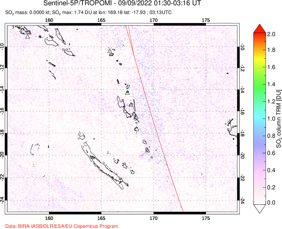 A sulfur dioxide image over Vanuatu, South Pacific on Sep 09, 2022.