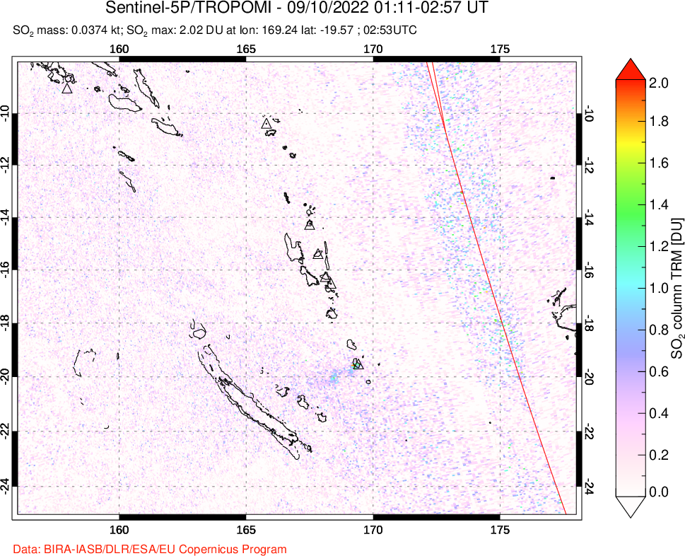 A sulfur dioxide image over Vanuatu, South Pacific on Sep 10, 2022.