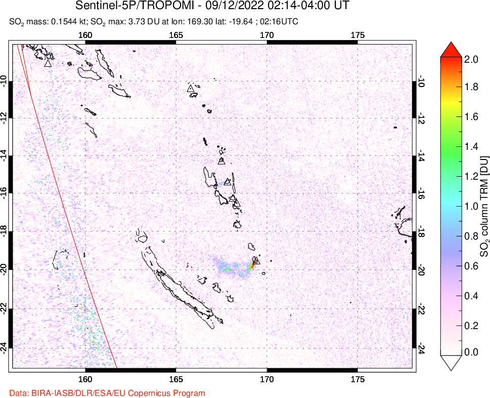 A sulfur dioxide image over Vanuatu, South Pacific on Sep 12, 2022.
