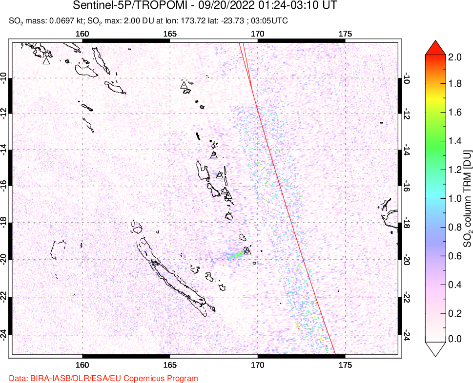 A sulfur dioxide image over Vanuatu, South Pacific on Sep 20, 2022.