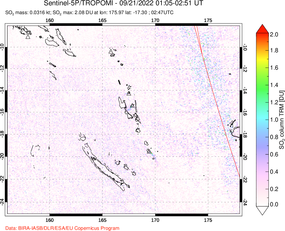 A sulfur dioxide image over Vanuatu, South Pacific on Sep 21, 2022.