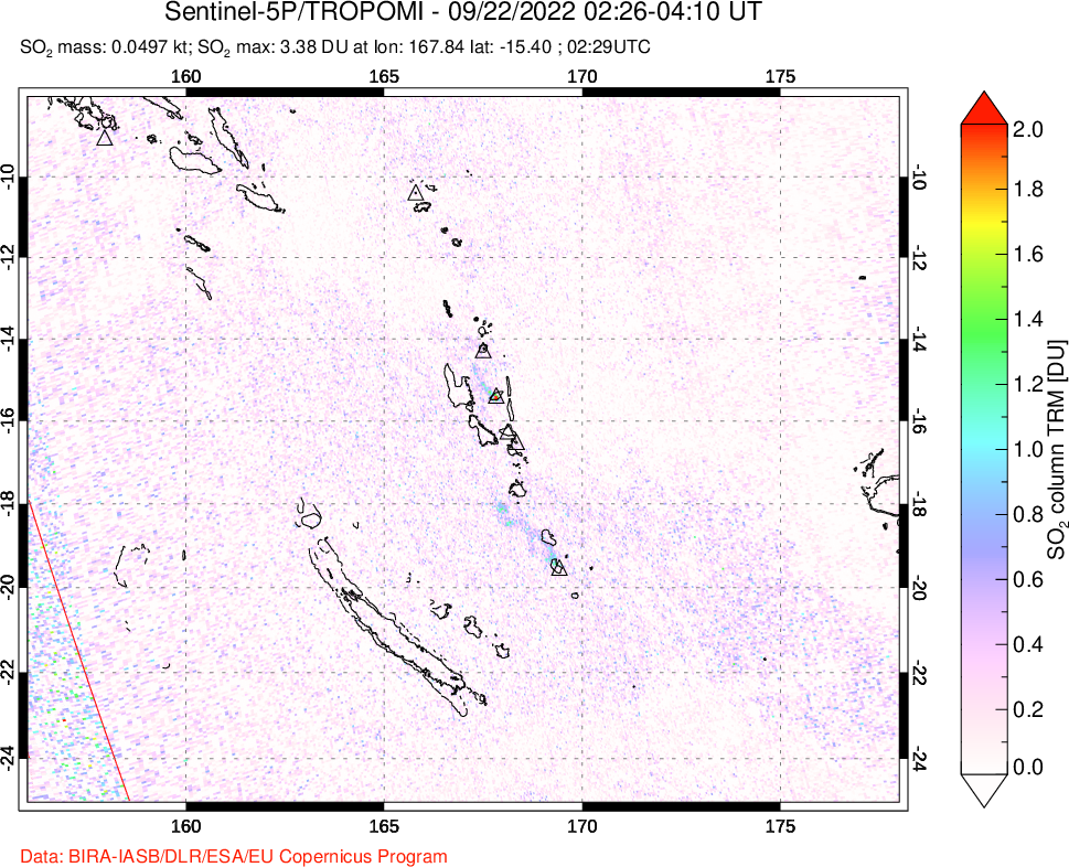 A sulfur dioxide image over Vanuatu, South Pacific on Sep 22, 2022.