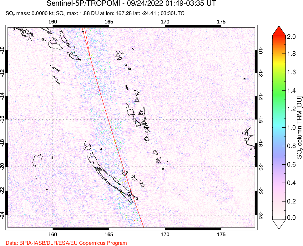 A sulfur dioxide image over Vanuatu, South Pacific on Sep 24, 2022.