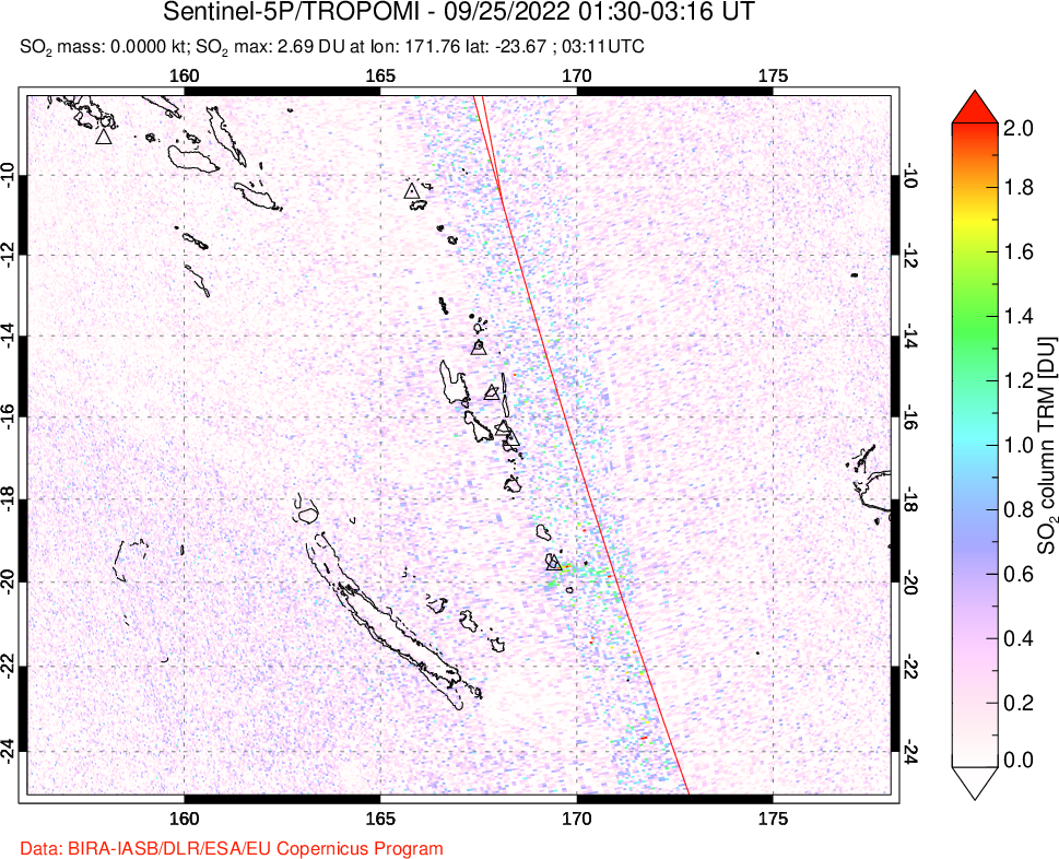 A sulfur dioxide image over Vanuatu, South Pacific on Sep 25, 2022.