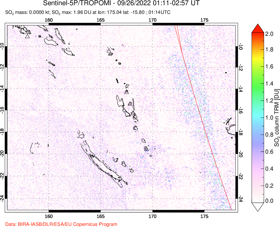 A sulfur dioxide image over Vanuatu, South Pacific on Sep 26, 2022.