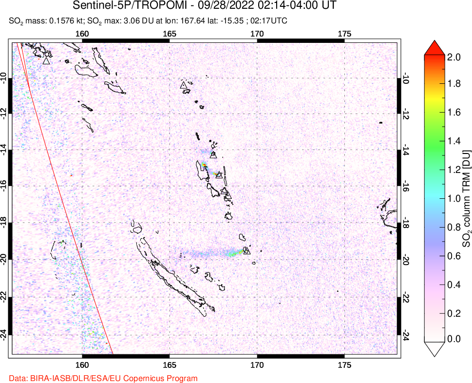 A sulfur dioxide image over Vanuatu, South Pacific on Sep 28, 2022.