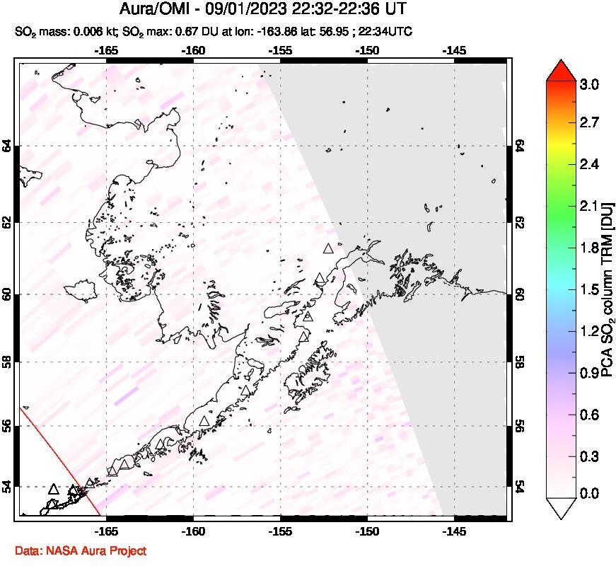 A sulfur dioxide image over Alaska, USA on Sep 01, 2023.