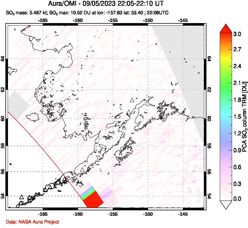 A sulfur dioxide image over Alaska, USA on Sep 05, 2023.