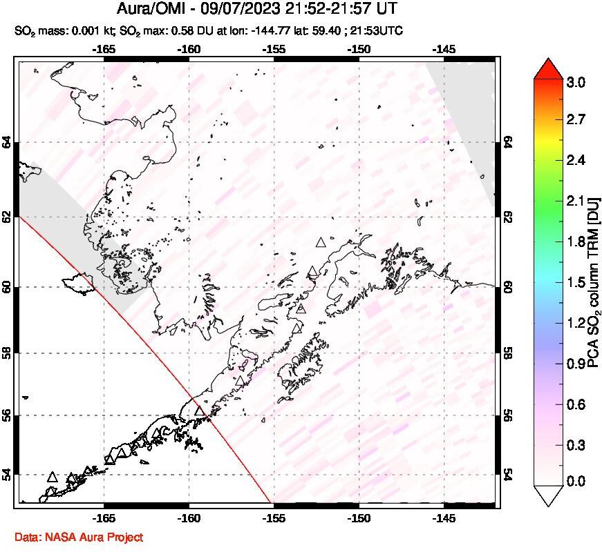 A sulfur dioxide image over Alaska, USA on Sep 07, 2023.