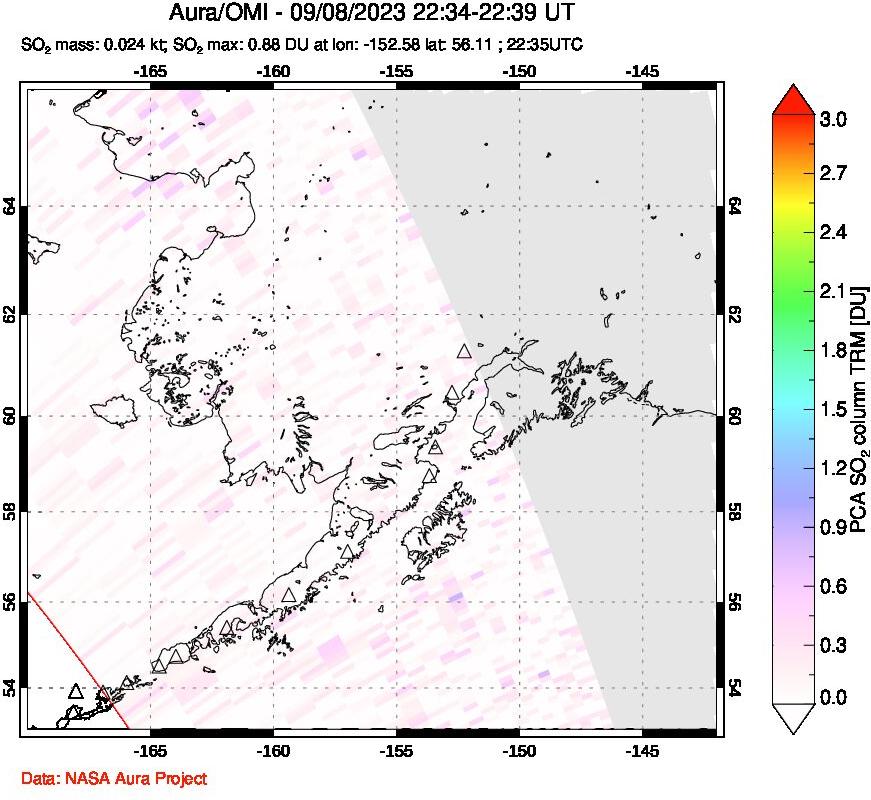 A sulfur dioxide image over Alaska, USA on Sep 08, 2023.