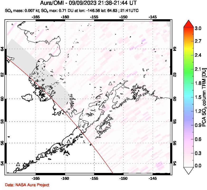 A sulfur dioxide image over Alaska, USA on Sep 09, 2023.