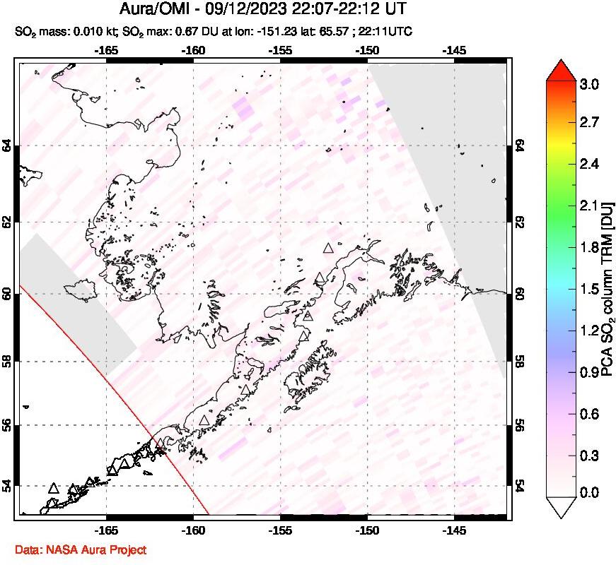 A sulfur dioxide image over Alaska, USA on Sep 12, 2023.