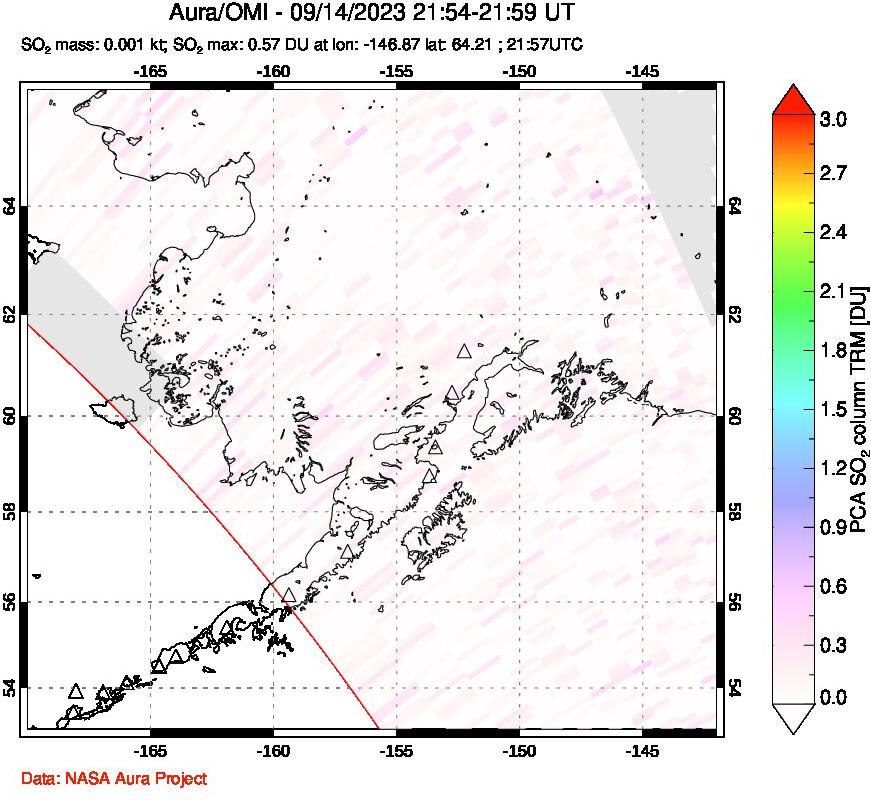 A sulfur dioxide image over Alaska, USA on Sep 14, 2023.